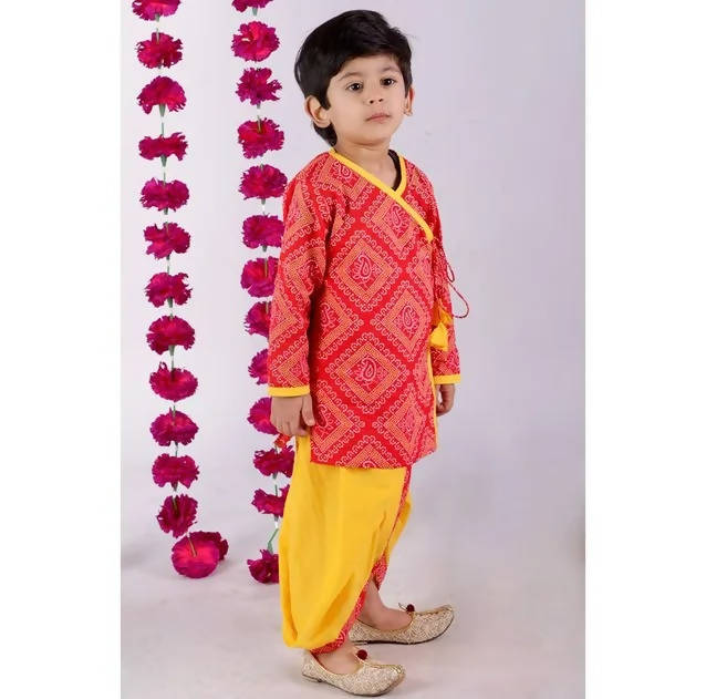 Little Bansi Boys Red and yellow Color Jaipuri Ambi Angrakha Kurta with Dhoti