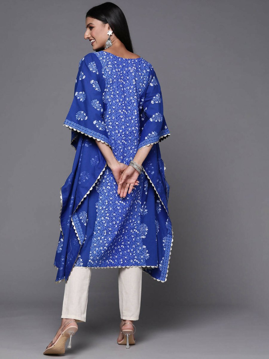 Ahalyaa Blue & White Floral Print Floral Kaftan Kurta - Distacart
