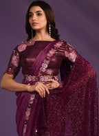 Purple Crepe Satin Silk Embroidered Saree With Stitched Blouse - Mohmanthan Exotica