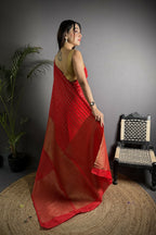 Joban Fashion Red Banarasi Soft Lichi Silk Checks & Woven Saree - Distacart