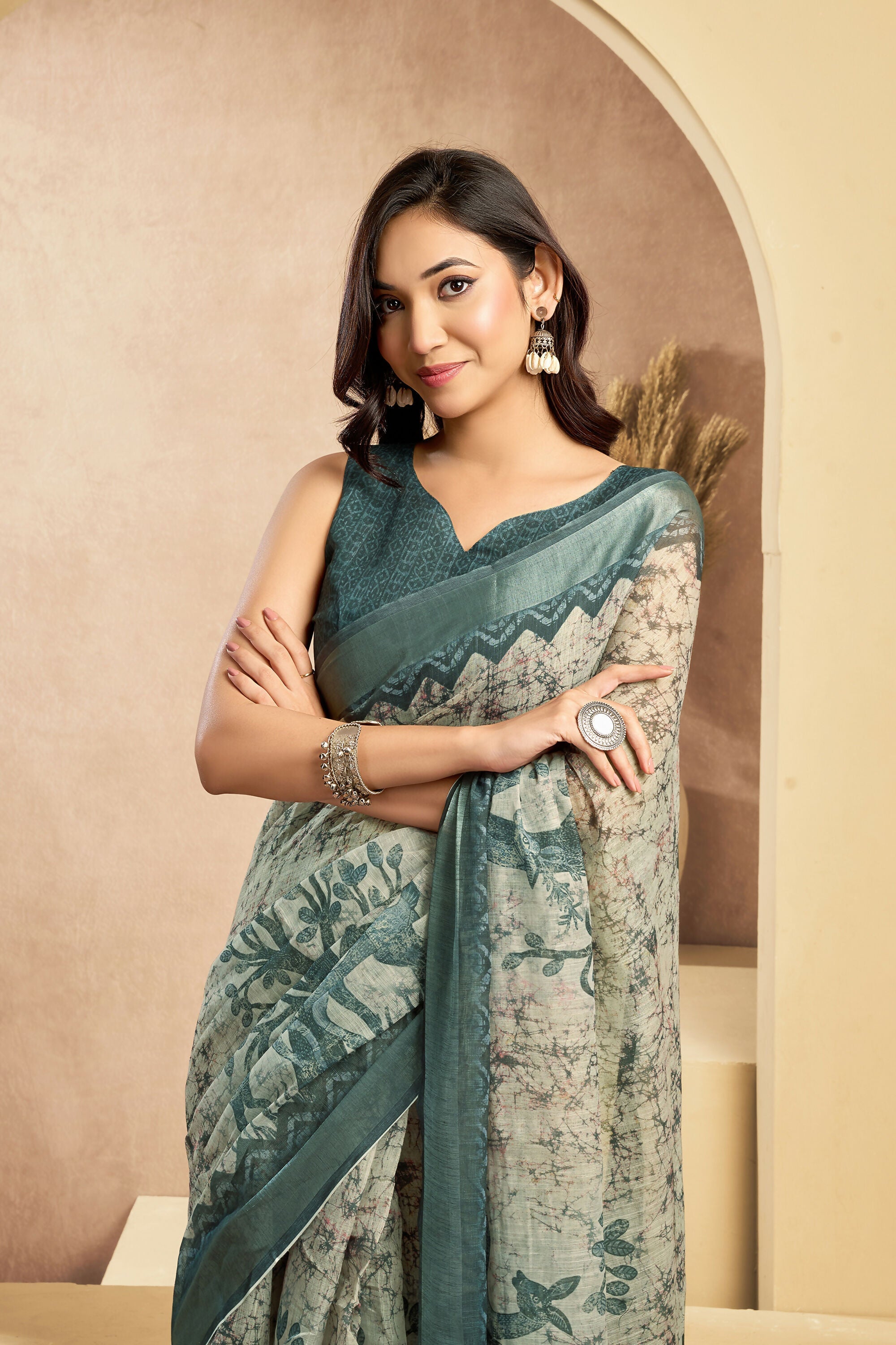 Vastranavya Digital Printed Linen Ready To Wear Designer Saree with Unstitched Blouse - Distacart