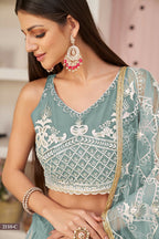 Eilara Women'S Ocean Blue Butterfly Net White Cotton Thread And Zari Sequence Embroidered Work Lehenga Choli For Wedding