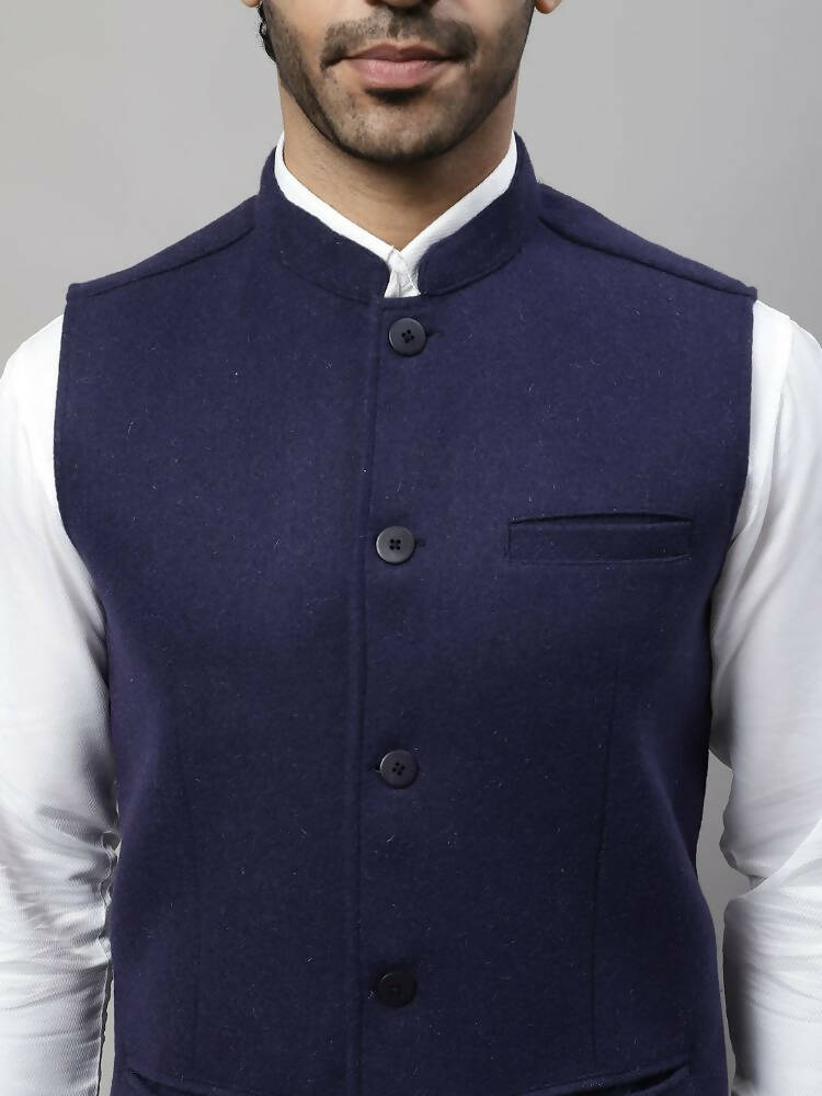 Even Apparels Pure Wool Nehru Jacket - Navy