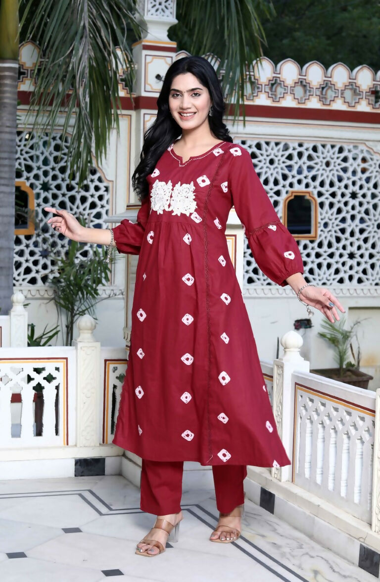 Miravan Women's Red Bandhani Printed Moti And Chikan Embroidered & Lace Work A Line Palazzo Set