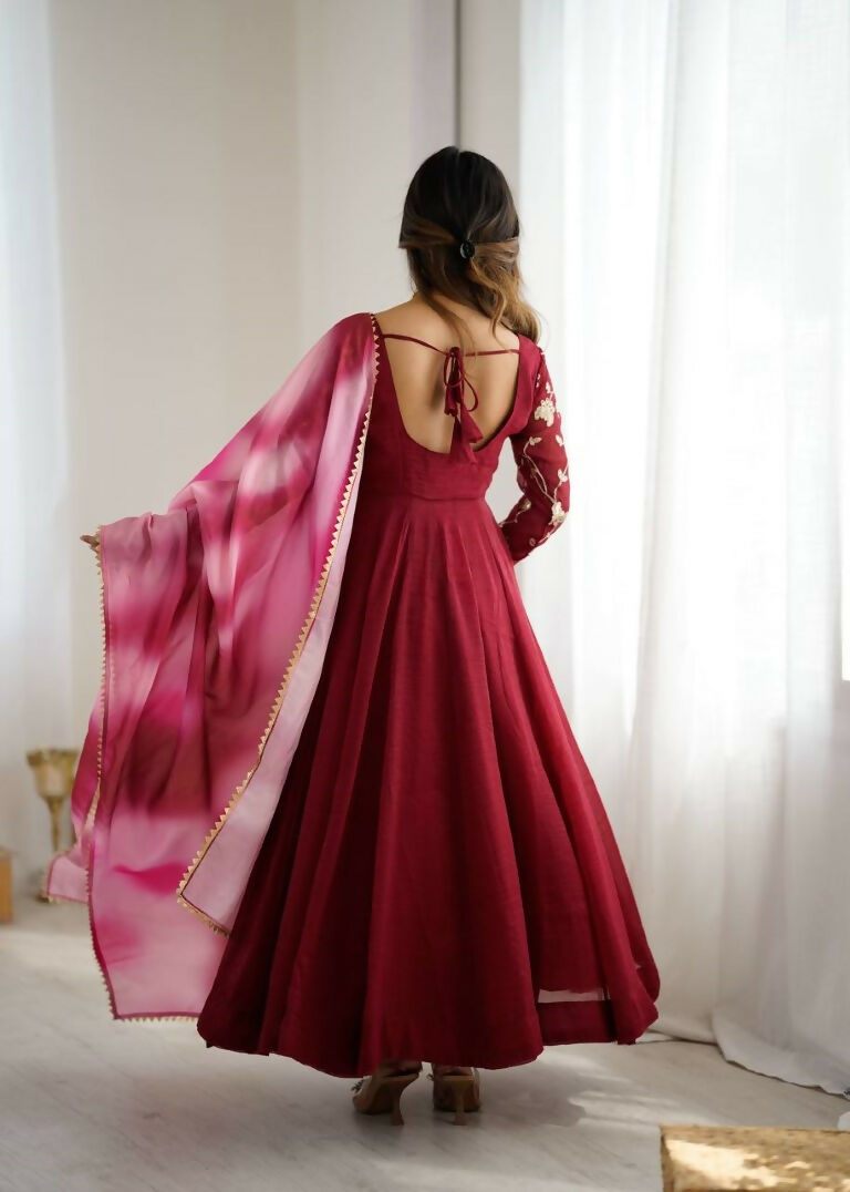 Teeya Creation Maroon Color Crunchy Silk Embroidery Work Gown - Distacart