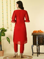 Myshka Women's Red Georgette Kurta With Trousers Party Sets