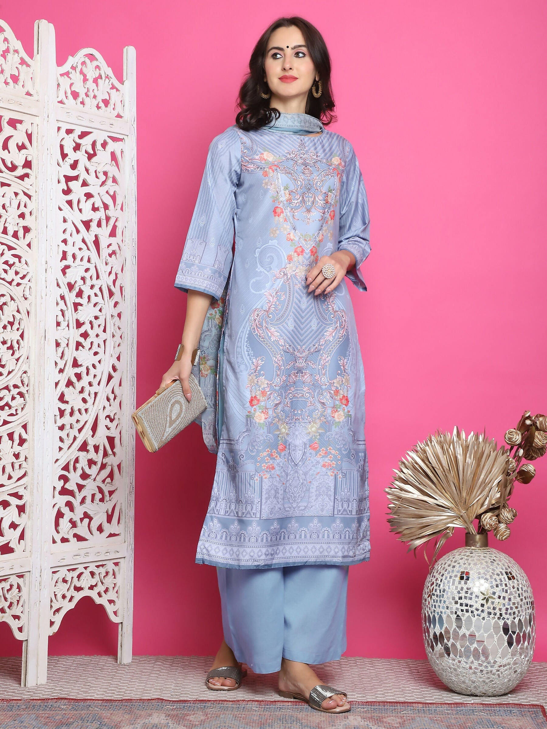Jyoti Fashion Women's Grey Satin Traditional Digital Print with Crystal work Kurta with Trouser & Dupatta