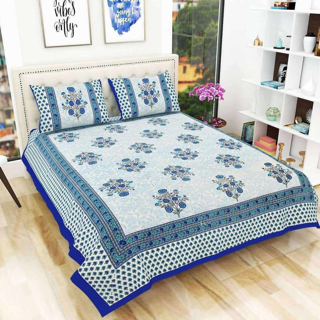 Floral Print Queen Size 90x108 Inches Jaipuri Flat Bed Sheet Bedspread with 2 Pillowcases