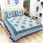 Floral Print Queen Size 90x108 Inches Jaipuri Flat Bed Sheet Bedspread with 2 Pillowcases