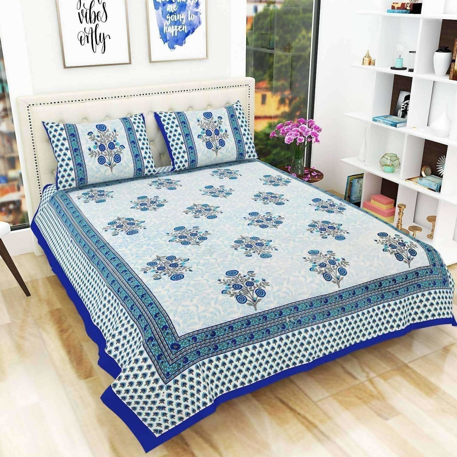 Floral Print Queen Size 90x108 Inches Jaipuri Flat Bed Sheet Bedspread with 2 Pillowcases