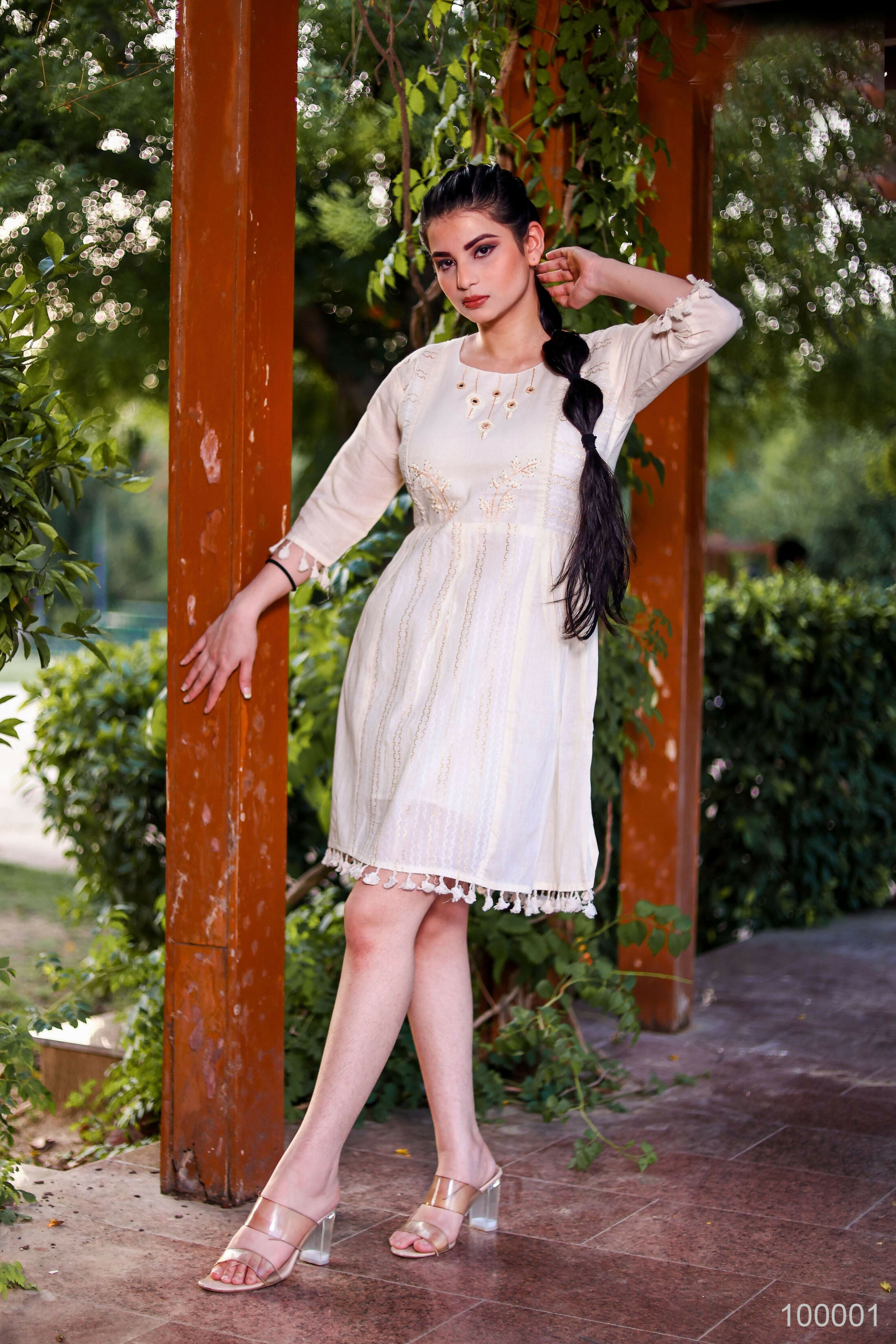 Aayaa Designer Multi Thread Hand Work Khadi Cotton One Piece Dress - Off White
