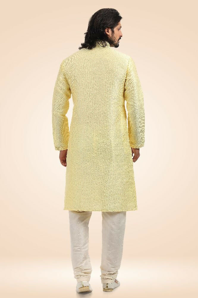 Raivat Ethnic Jacquard Banarasi Silk Pintux Work Kurta Pajama In Lemon Colour