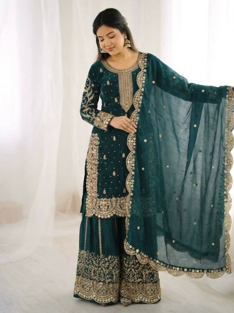 Teeya Creation Teal Color Fendy Silk Embroidery Work Wedding Wear Salwar Suit - Distacart
