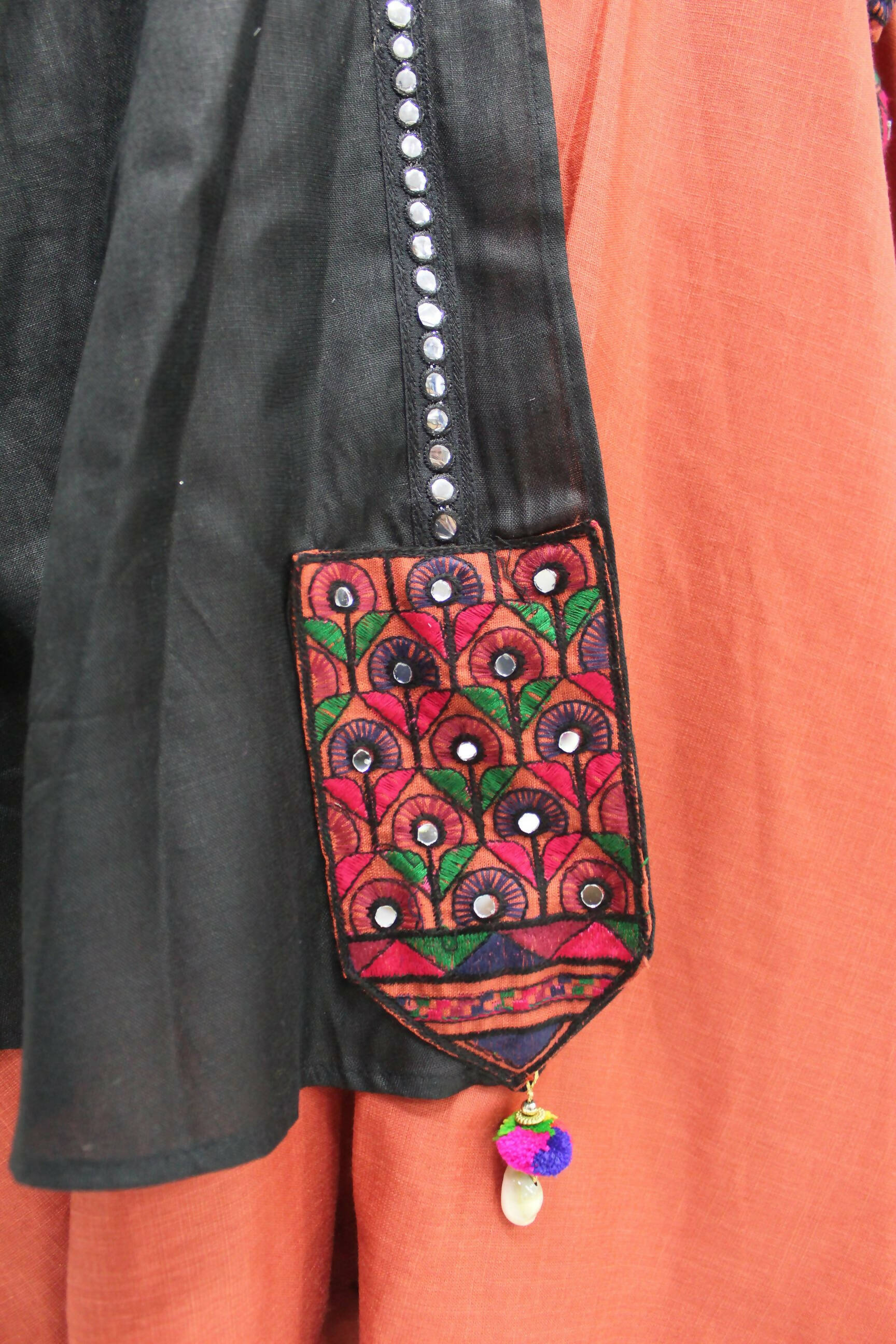 Orange Cotton Thread Embroidered Navratri Lehenga Choli with Dupatta - Raas