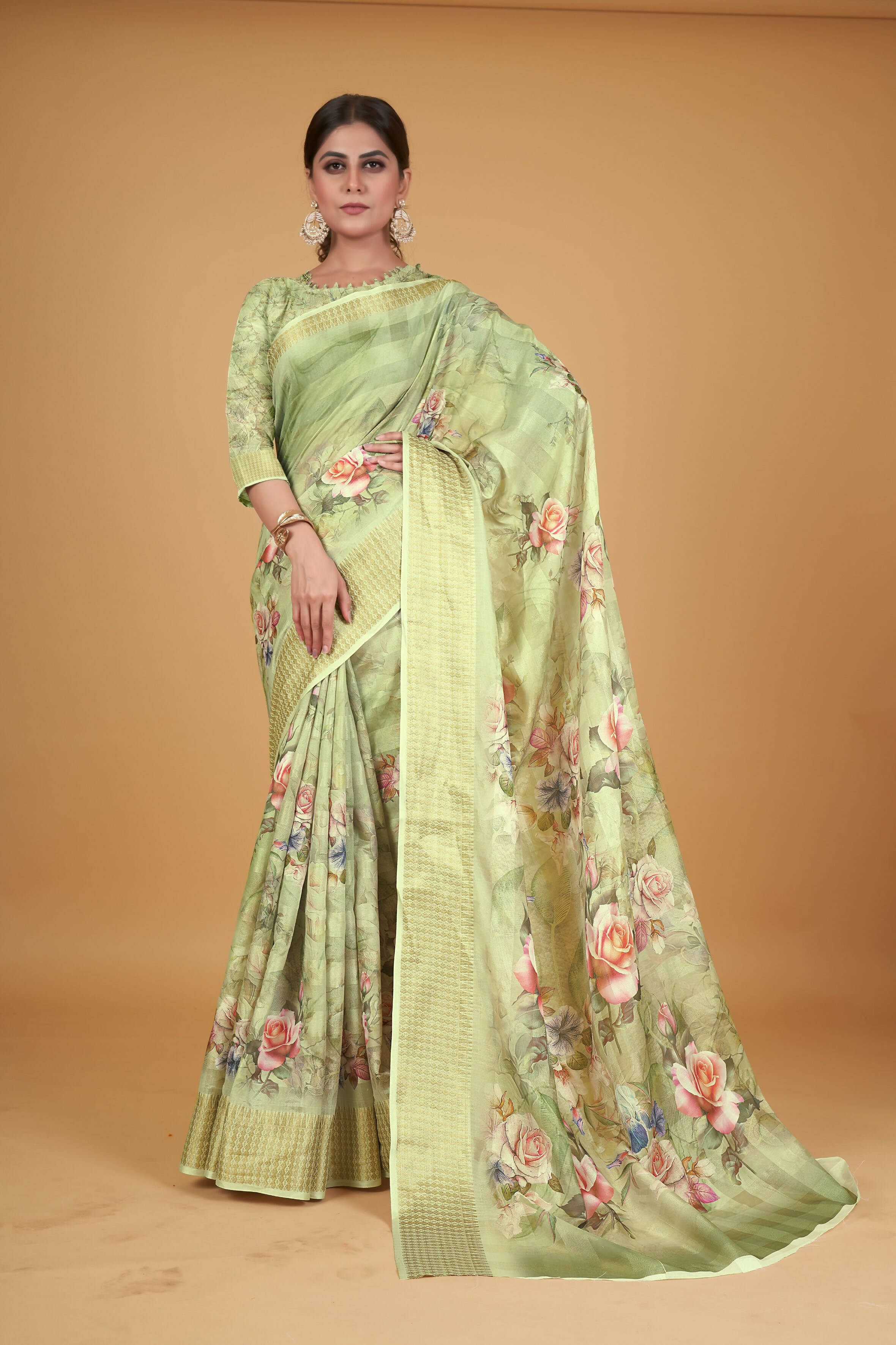 Green Cotton Silk Digital Printed Saree With Unstitched Blouse Piece - Alisha