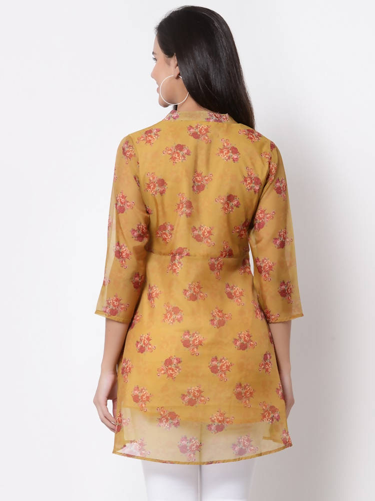 Myshka Women's Traditional Organza Printed Printed 3/4 Sleeve Round Neck Casual Multicolor Tunic