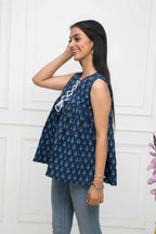 Myshka Women Blue Solid Round Neck Regular Sleeves Pure Cotton Top - Distacart