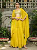 Janasya Yellow Georgette Sequined Top Bottom Cape