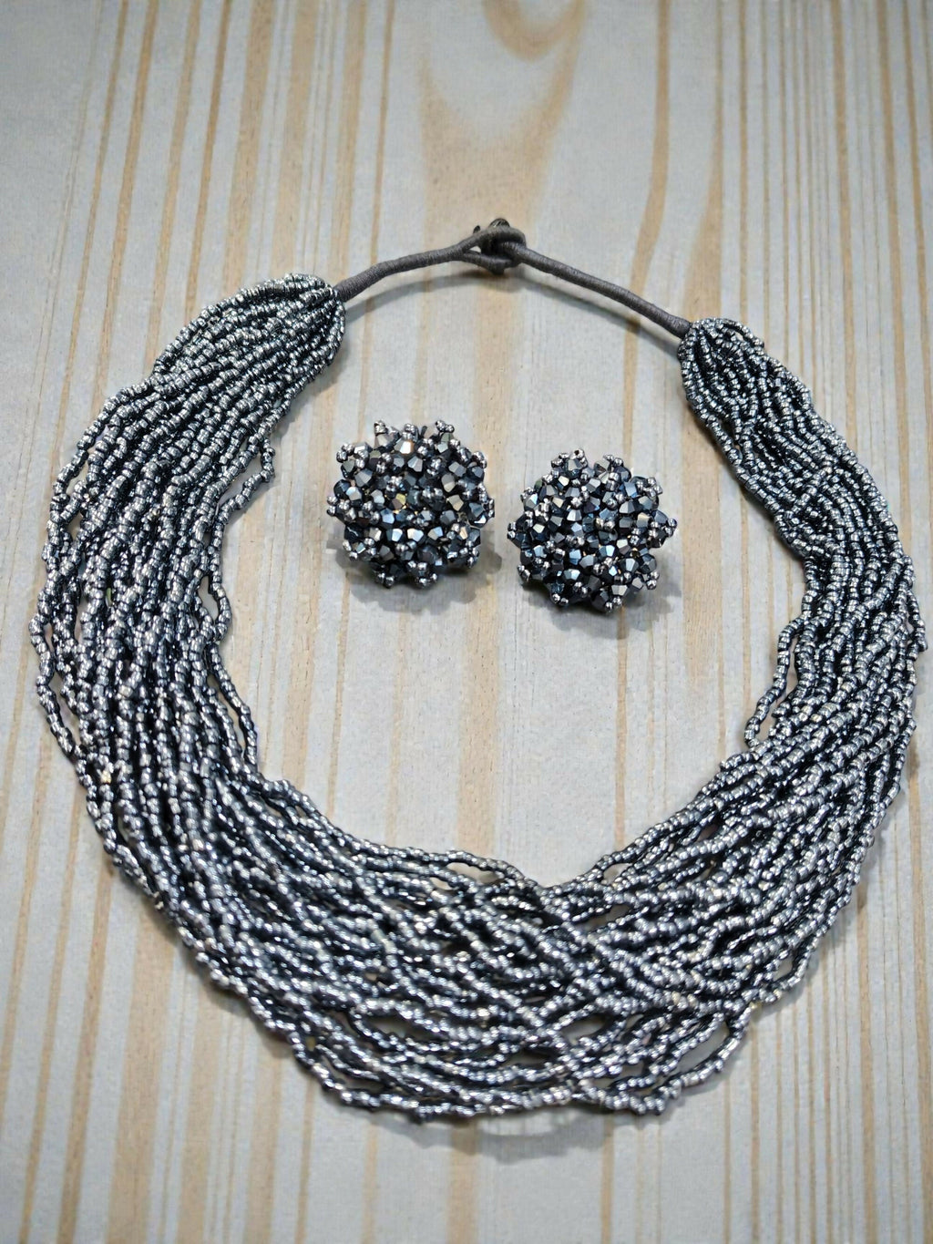 Inhanns Vibrant Handmade 20 Layers Beaded Necklace With Matching Earrings - Navy Blue