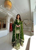 Teeya Creation Green Pure Silk Gimmy Silk Heavy Embroidery Work Wedding Wear Palazzo Pair - Distacart
