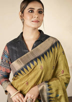 Olive Green Bhagalpuri Silk Paisley Print with Hand Mirror work Border Saree - Norita Nirvi