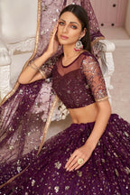 Aastha Fashion Wine Butterfly Net All Over Thread Work, Zari Work And Sandwich Sequence Work Embroidery Wedding Wear Lehenga Choli