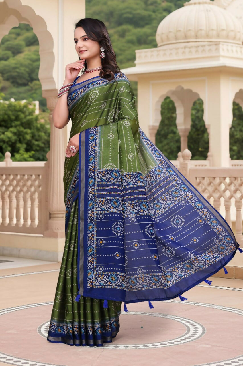 Prime Volt Women's Green & Blue Printed Mal Cotton Saree with Designer Blouse Piece - Distacart