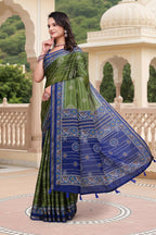 Prime Volt Women's Green & Blue Printed Mal Cotton Saree with Designer Blouse Piece - Distacart