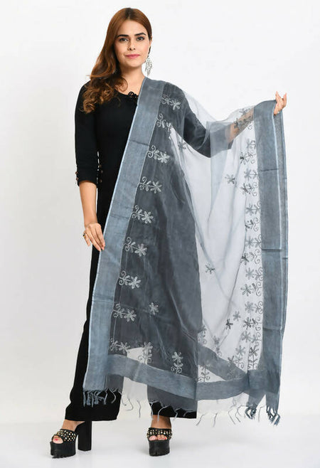 Mominos Fashion Moeza Women's Orgenza All Over Chikan Work Grey Dupatta