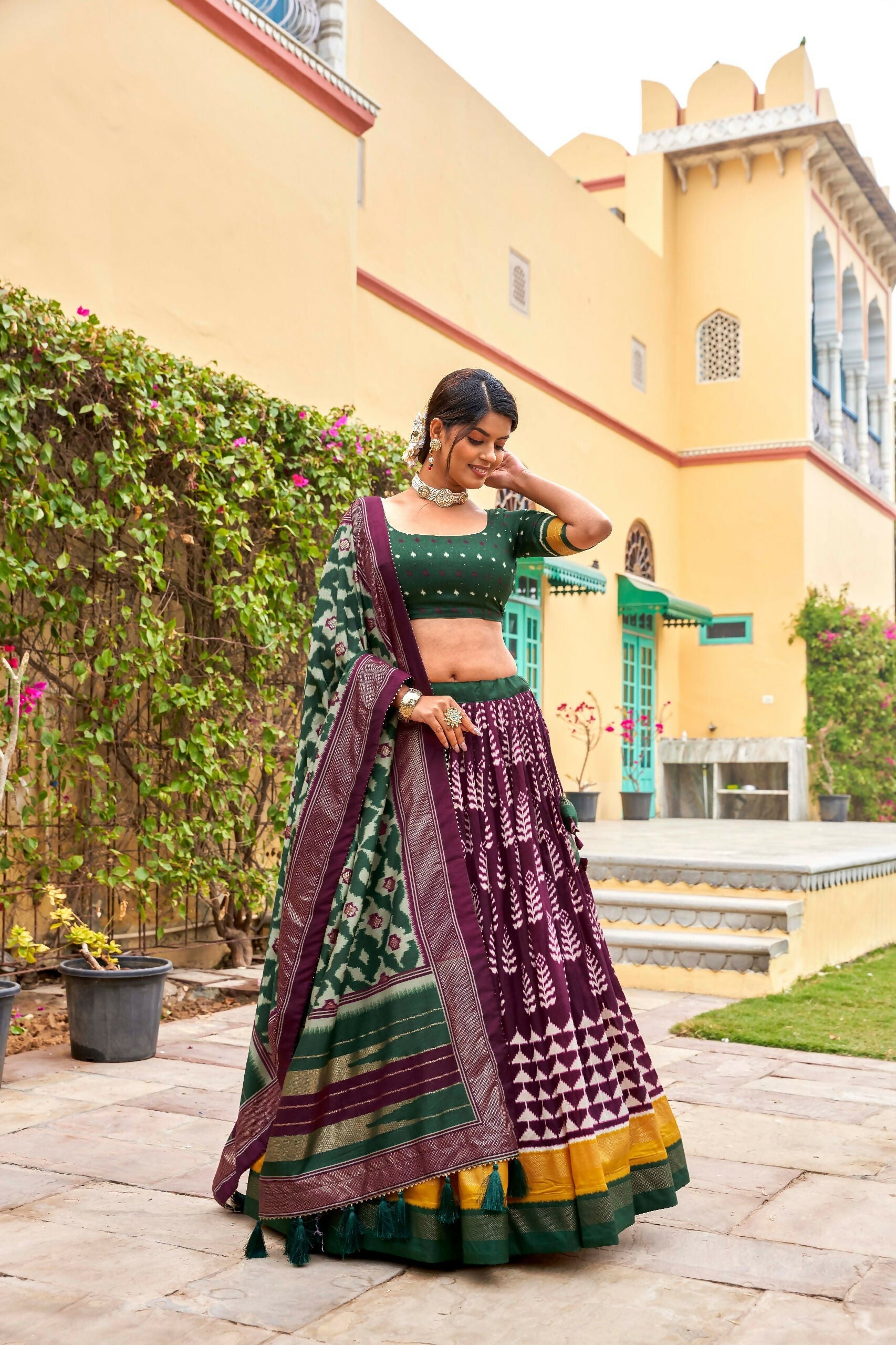 Vastranavya Printed and Foil Work Tussar Silk Lehenga with Unstitched Blouse - Wine
