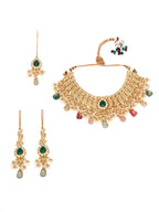 Kundan Choker with Matching Earrings & Maang Tikka Jewellery Set (Gold) - Ruby Raang