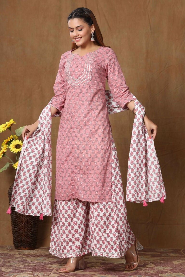 Miravan Women's Cotton Kurta With Palazzo & Dupatta Set