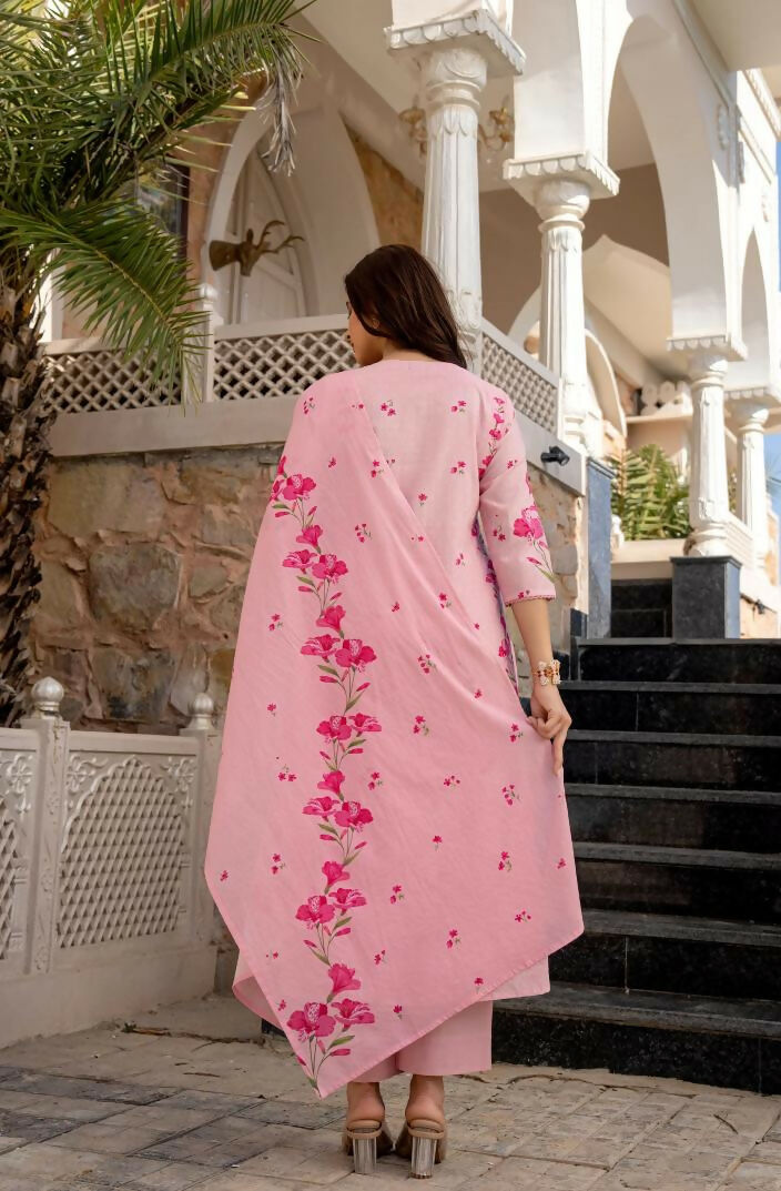 The52 Pink Women's Beautiful Chanderi Fabric Printed Work Straight Kurta Pant and Dupatta Set - Distacart