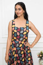 Myshka Women Black Floral Rayon A-Line Round Neck Dress - Distacart