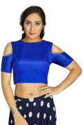 Aastha Fashion Women's Blue Art Silk Cold Shoulder Sleeve Readymade Blouse