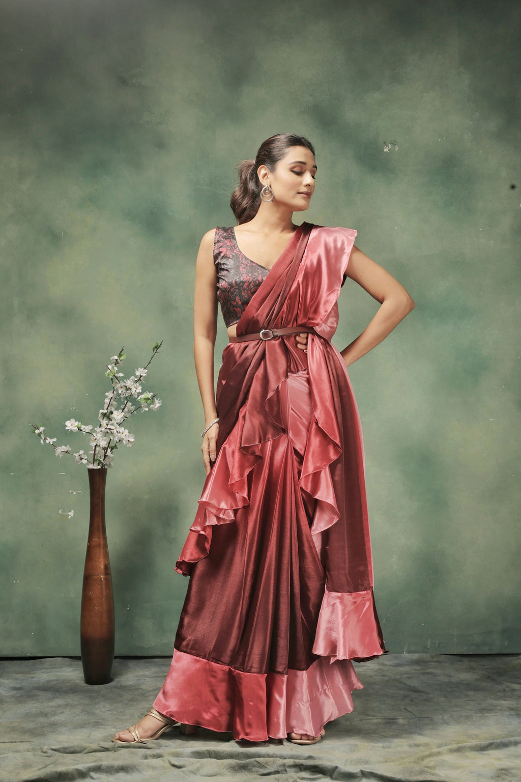 Pink Satin Solid Designer, Printed Party Wear Ready To Wear Saree - Nasreen