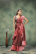 Pink Satin Solid Designer, Printed Party Wear Ready To Wear Saree - Nasreen