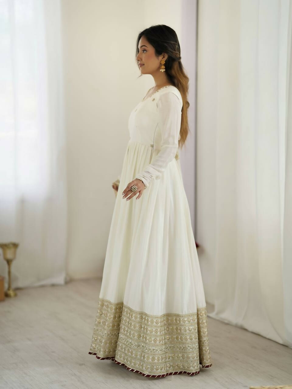 Teeya Creation White Chinon Silk Gown - Distacart