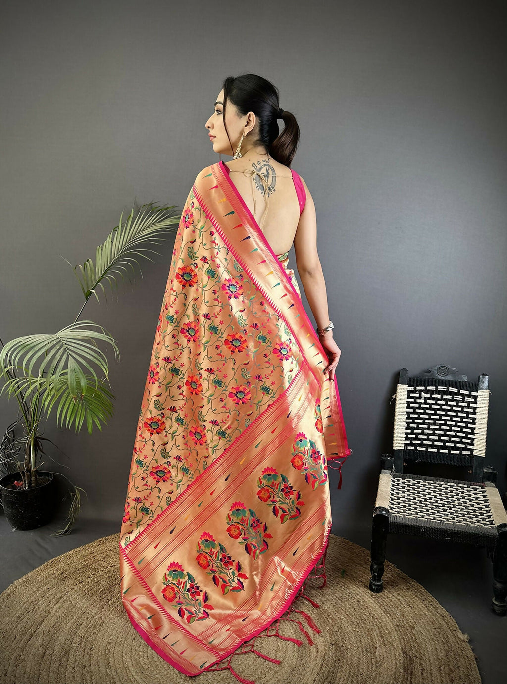 Joban Fashion Rani Pink Floral Vine Pattern Soft Silk Paithani Saree - Distacart