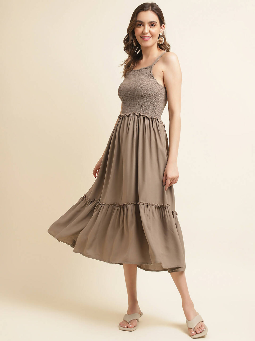 Brown Cotton Solid Flared Dress with Printed Shrug - Yukti - Distacart