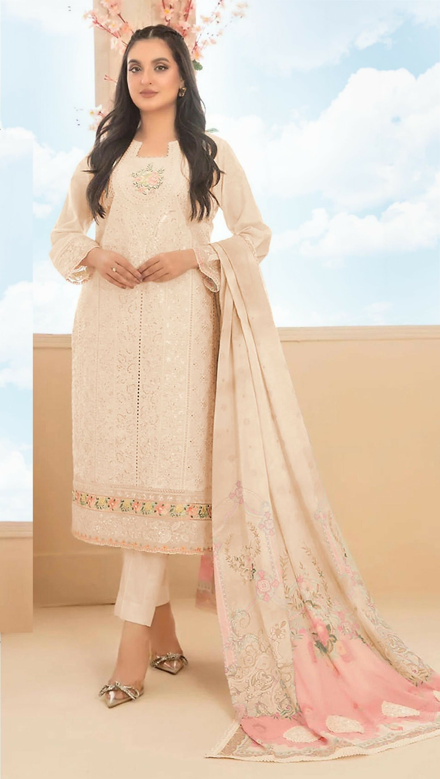 Anaita Peach Cambric Cotton Stitched Suit with Embroidery & Sequence Work - Distacart