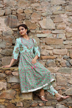 Yufta Women Grey Handblock A-Line Kurta with Trouser