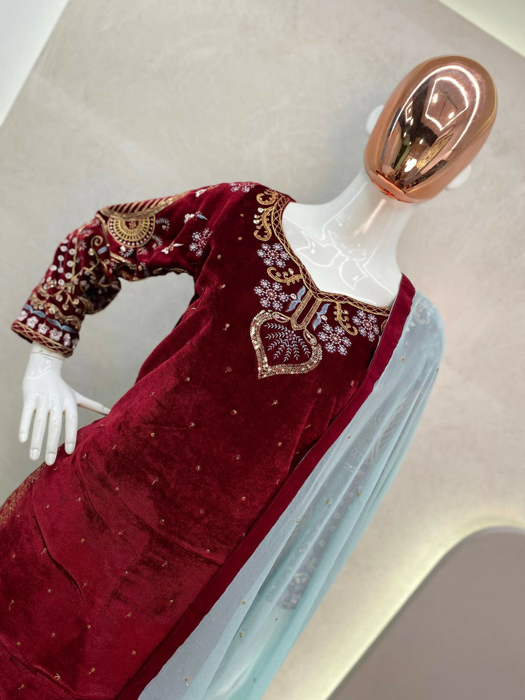 Vastranavya Maroon Viscose Velvet Cording Sequence Embroidery Work Suit With Dupatta - Distacart