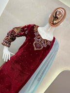 Vastranavya Maroon Viscose Velvet Cording Sequence Embroidery Work Suit With Dupatta - Distacart