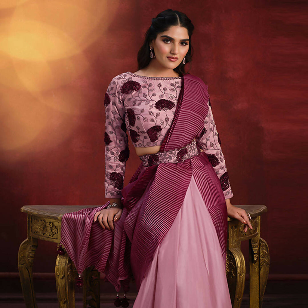 Peach Crepe Satin Silk Sequence Thread & Stone Work/ Texture Pallu Saree - Mohmanthan Kimiya