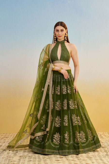 Aastha Fashion Mehandi Green Butterfly Net Tone To Tone Cotton Thread Work And Sequence Work Embroidery Wedding Wear Lehenga Choli