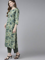 Yufta Women Teal and Beige Floral Dyed Pure Cotton Kurta with Palazzo and Dupatta