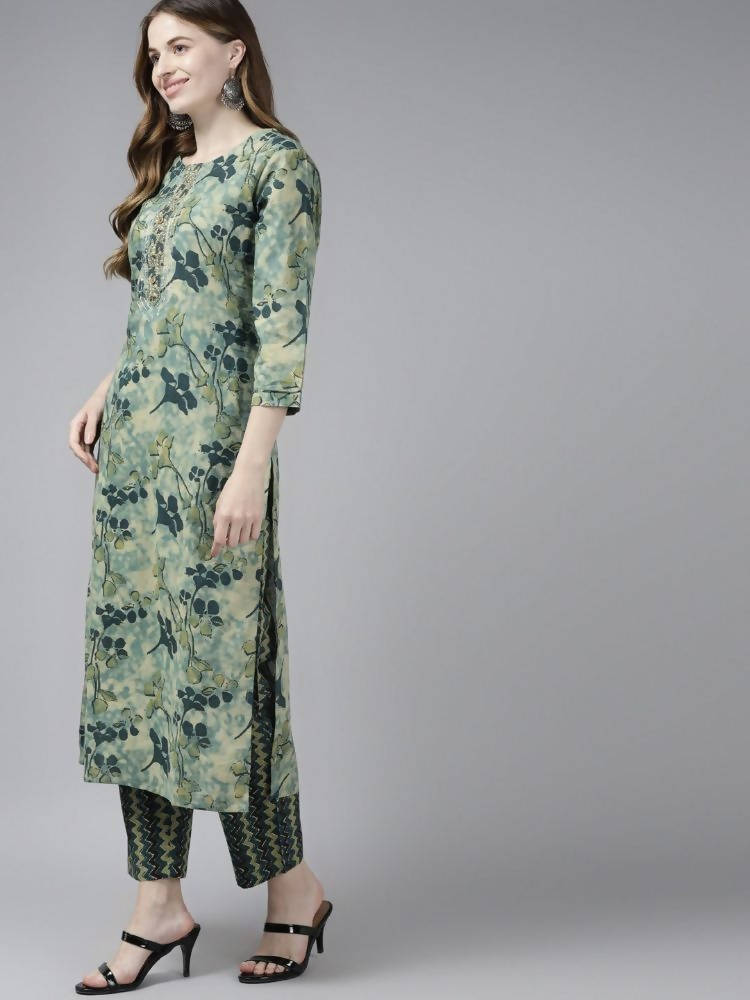Yufta Women Teal and Beige Floral Dyed Pure Cotton Kurta with Palazzo and Dupatta