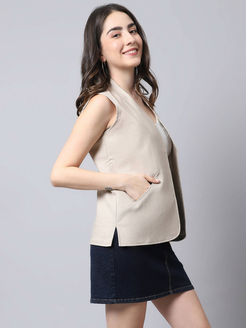 Even Apparels Cream Linen Cotton Open Front Women's Waistcoat