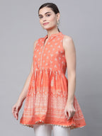 Ahalyaa Women Orange Pure Cotton Porcian Print Tunic - Distacart